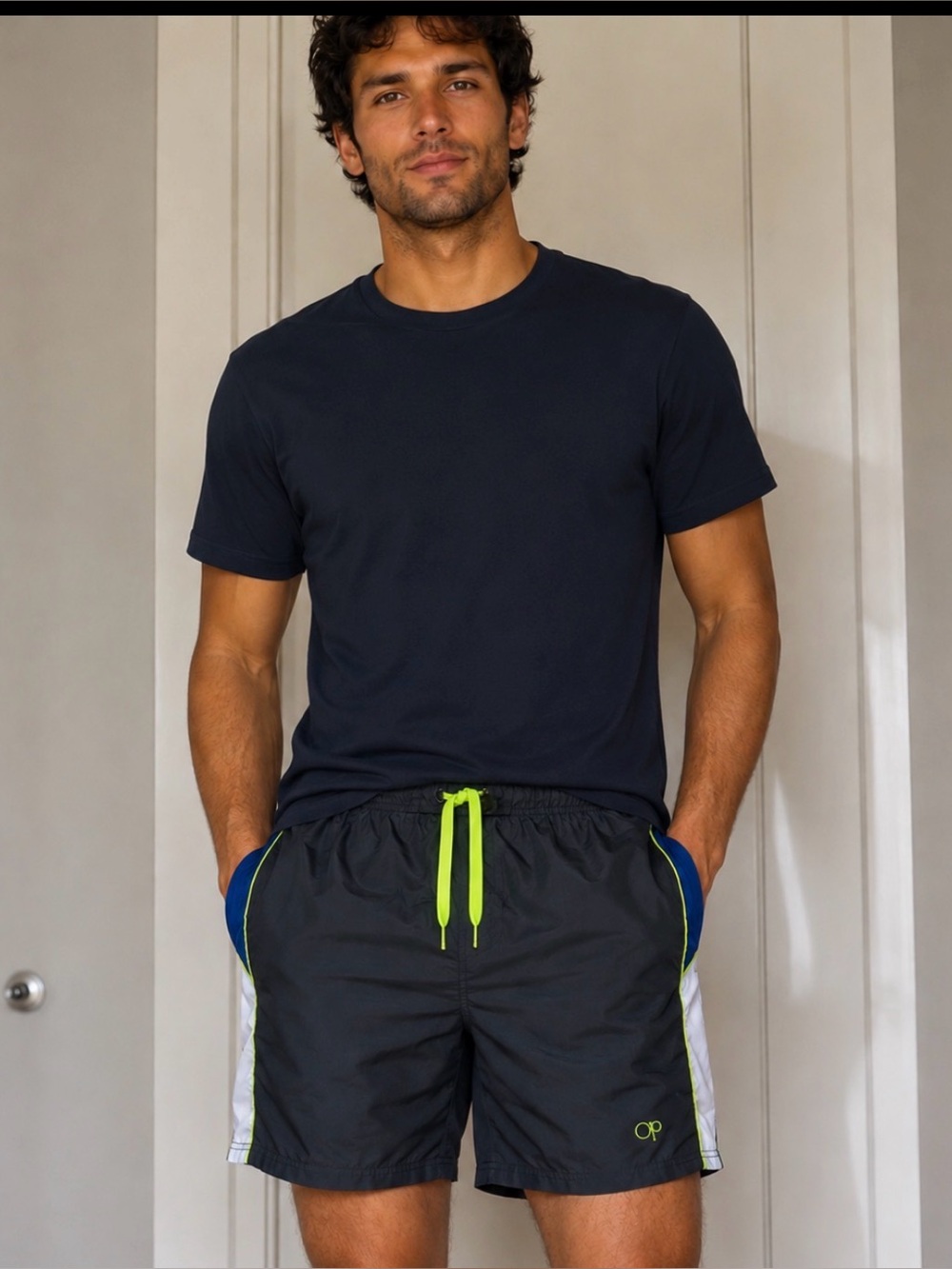 Op Ocean Pacific men's swim trunks a dark gray design with neon green 2Xl